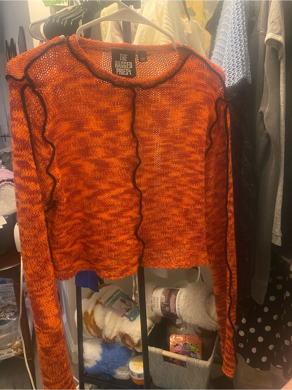 The Ragged Priest Orange Contrast-Edge Open Knit Cardigan